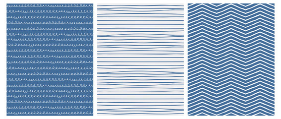 Set of 3 Hand Drawn Irregular Geometric Patterns. White Chevron and Waves with Loops on a Navy Blue Background. Blue Horizontal Stripes on Light Gray Layout. Cute Infantile Style Illustration. 