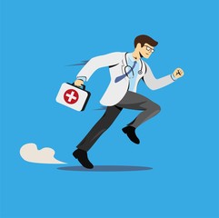 doctor running with medicine box, emergency hospital character in comic cartoon flat illustration vector