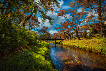  Landscape image of Mt. Fuji over canal with autumn foliage at daytime in Minamitsuru District, Yamanashi Prefecture, Japan.