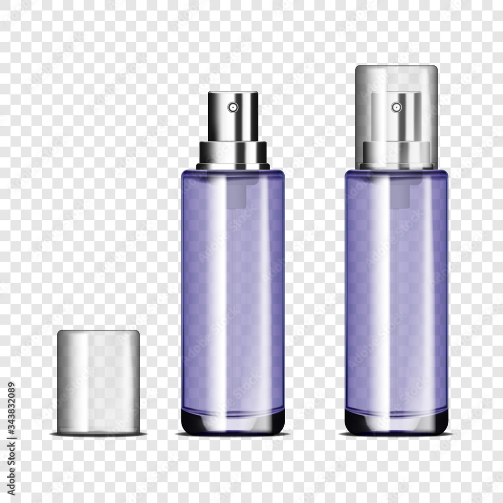 Empty glass spray bottle with clear cap on transparent background ...