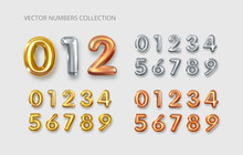 Gold, Silver, Copper Numbers. Balloons From 0 To 9. 3d Numbers. Party, Birthday, Anniversary And Wedding Celebration. Golden Round Font. Realistic Design Elements. Festive Set Isolated. Vector