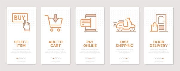 Shopping related vertical cards. Mobile app onboarding screens. Templates for a website. Icons with editable stroke