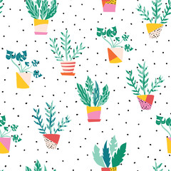 Canvas Print - Indoor plants in colorful ceramic pots seamless vector pattern. Repeating background with potted plants flat Scandinavian style. Room plants design. Use for fabric, wallpaper, wrapping