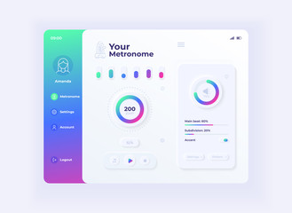 Metronome application tablet interface vector template. Mobile app page day mode design layout. User account screen. Flat UI for application. Music rhythm parameters on portable device display.