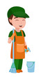 Essential workers cleaning man with groceries. Frontliner works vector illustration for kids.