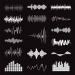 Big collection white music wave on black background. Vector set of isolated audio logos, pulse players, equalizer symbols sound design elements