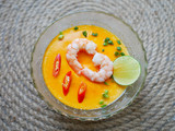 Fototapeta  - top view Spicy steamed egg with shrimps in glass bowl