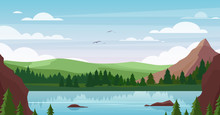 Mountain Lake Landscape Vector Illustration. Cartoon Flat Summer Nature, Picturesque Mountainous Scenery With Blue Lake Waters, Pine Forest, Green Field Land. Outdoor Adventure On Sunny Day Background