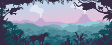 Tropical Jungle, Forest Landscape Vector Illustration. Cartoon Flat Nature Of Tropics, Panorama With Jaguar, Monkey Animal In Rainforest, Silhouette Of Volcano Mountains. Tropical Adventure Background