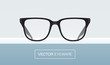 Classic shape black eyeglasses, lying on a shelf. Elegant eyewear isolated on a gray background. Vector illustration.