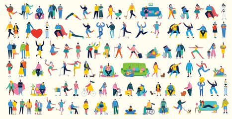 Vector illustration background in flat design of group people doing different activity