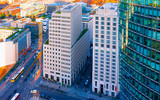 Fototapeta Nowy Jork - Aerial view on modern building architecture in Potsdamer Platz Berlin reflex