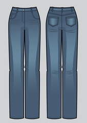 Wall Mural - Vector illustration of blue classic woman jeans. Front and back views
