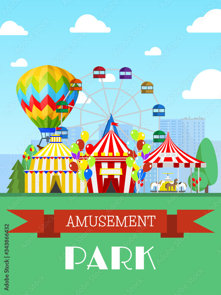 Amusement park and circus tent, ferris wheel flat vector illustration ...