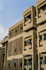 Brutalist Architecture. Details of brutalist concrete building. Part of the Centre National de la Danse (National Dance Center), public building in Pantin, near Paris, France.