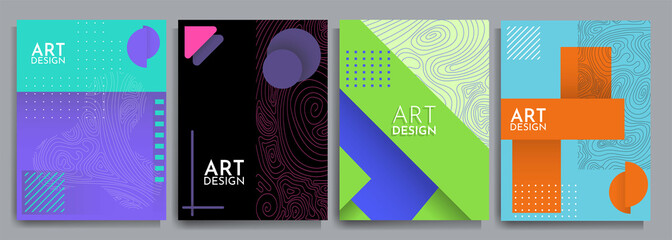 Wall Mural - Vector illustration. Abstract geometric background set. Design element for cover, poster, book cover, brochure, headline. Color linear shapes. Line art. Flat concept. Futuristic modern graphic