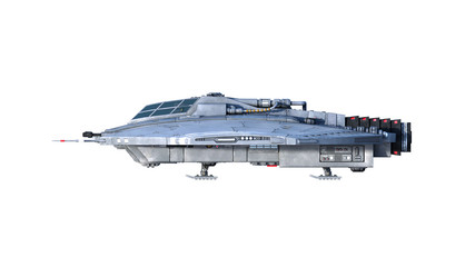 Wall Mural - alien spaceship, ufo spacecraft in flight isolated on white background, side view, 3d rendering