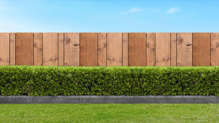 Brown wooden fence and Green bush on a clear blue sky background