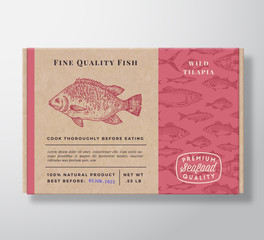 Wall Mural - Fish Pattern Realistic Cardboard Container. Abstract Vector Seafood Packaging Design or Label. Modern Typography, Hand Drawn Tilapia Silhouette. Craft Paper Box Pattern Background Layout.