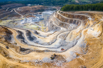 Mining from above. Industrial terraces on open pit  mineral mine. Aerial view of opencast mining. Dolomite Mine Excavation. Extractive industry. Giant excavator machinery.