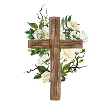 Christian Wooden Cross Decorated With Flowers And Leaves