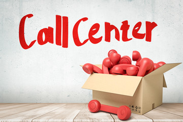 Wall Mural - 3d rendering of red retro telephone receivers in a cardboard box with 'call center' sign on white wo