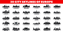 30 City Skyline Silhouettes From Europe Vector Design Set.