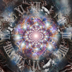 Wall Mural - surrealism. clock face in tunnel of clouds