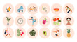 Healthy lifestyle icon set. Big collection of modern hand-drawn vector stickers about fitness and healthy living. Different icons with girls doing yoga, fruits and vegetables, and sport activities.