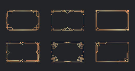 art deco golden frames set. line gold decorative borders isolated on black background. vector illust