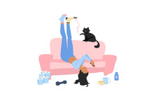 Lazy Depressive Woman In Different Socks Lying Upside Down On The Couch With Smartphone And Black Cat Staying Home During Coronavirus Quarantine. Boring Exhausting Weekdays In Mess. Apathy Concept.