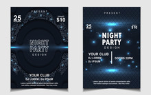 Night Dance Party Music Layout Cover Design Template Background With Elegant Dark Blue Glitters Style. Light Electro Style Vector For Music Event Concert Disco, Club Invitation, Festival Poster, Party