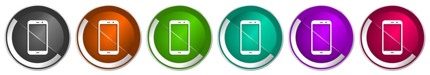 Leinwandbilder - Smartphone icon set, silver metallic chrome border vector web buttons in 6 colors options for webdesign
