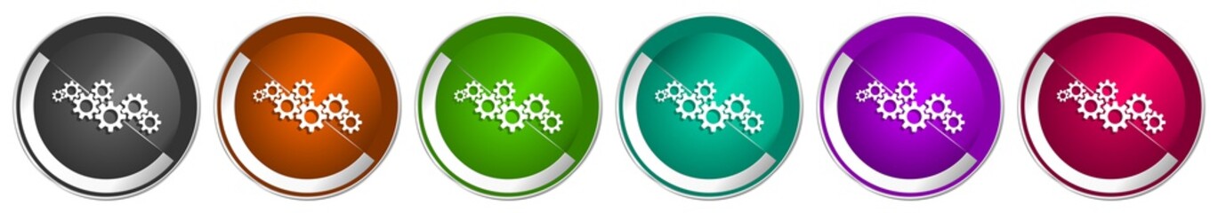 Aufkleber - Cogwheel engineering icon set, silver metallic chrome border vector web buttons in 6 colors options for webdesign