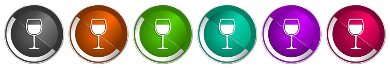 Fototapete - Alcohol icon set, glass silver metallic chrome border vector web buttons in 6 colors options for webdesign