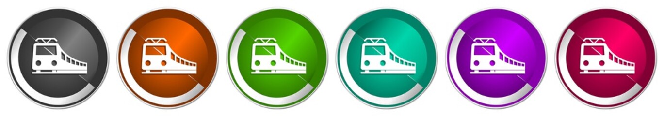 Aufkleber - Train icon set, railway, transportation silver metallic chrome border vector web buttons in 6 colors options for webdesign