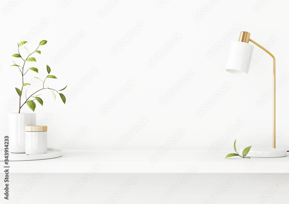 Interior wall mockup with green tree branch in vase, ceramic decore and  desk lamp standing on the shelf on empty white background with free space on center. 3D rendering, illustration. - obrazy, fototapety, plakaty 