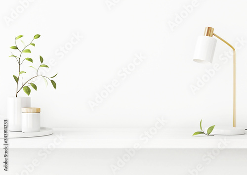 Cuadros en Lienzo Interior wall mockup with green tree branch in vase, ceramic decore and desk lamp standing on the shelf on empty white background with free space on center
