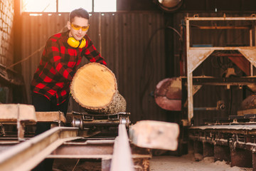 Wall Mural - Professional carpenter master in protective glasses and headphones working with cut tree logs to sawmill warehouse. Skilled workman moving wood trunk to sawing machine at lumber production factory