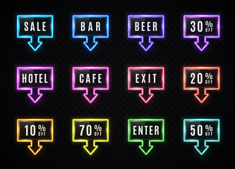 Wall Mural - neon rectangle arrow banner set on dark transparent background. glowing square light frame design wi