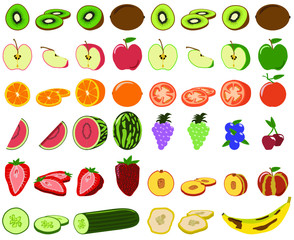  All sorts of fruits - 4 views per fruit: 1-intersection 2D, 2-slice 3D, 3-half of the fruit 3D, 4 whole fruit 3D