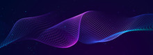 Futuristic Wave On Dark Background. Colored Pattern Of Connection Dots And Lines. Technology Banner. 3D Widescreen
