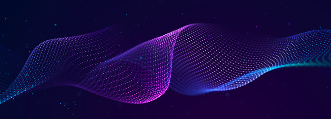 Futuristic wave on dark background. Colored pattern of connection dots and lines. Technology Banner. 3D Widescreen