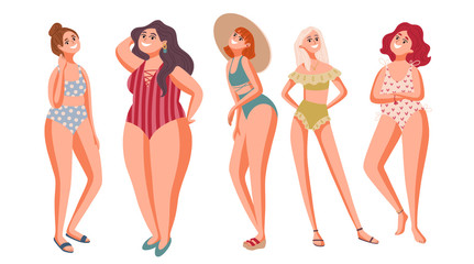 Wall Mural - Women of different weigh, figure type and size dressed in swimsuits standing in row. Female cartoon characters. Body positive movement and beauty diversity. Vector illustration.