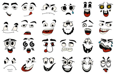 Wall Mural - Cartoon faces. Kawaii cute faces. Expressive eyes and mouth, smiling, crying and surprised character face expressions. Caricature comic emotions or emoticon. Isolated vector illustration icons set.