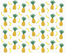 Illustration Of Yellow Pineapples And Bananas On White Background