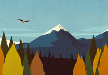 Bald Eagle Soaring Over Autumn Forest And Mountain Landscape