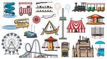 Amusement Park Attractions And Rides, Vector Icons. Funfair Carnival Entertainment, Aquapark Water Slides, Karting And Ferris Wheel, Carousels, Slot Machine, Fireworks And Ice Cream Vendor Cart