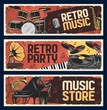 © Vector Tradition - Retro music instruments store, vector retro vintage banners. Jazz music festival and live musical party with vinyl records gramophone, classic piano and orchestra harp, percussion drums and saxophone