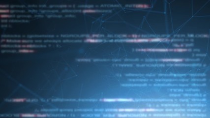 Blurry digital code typing animation on a blue business background.